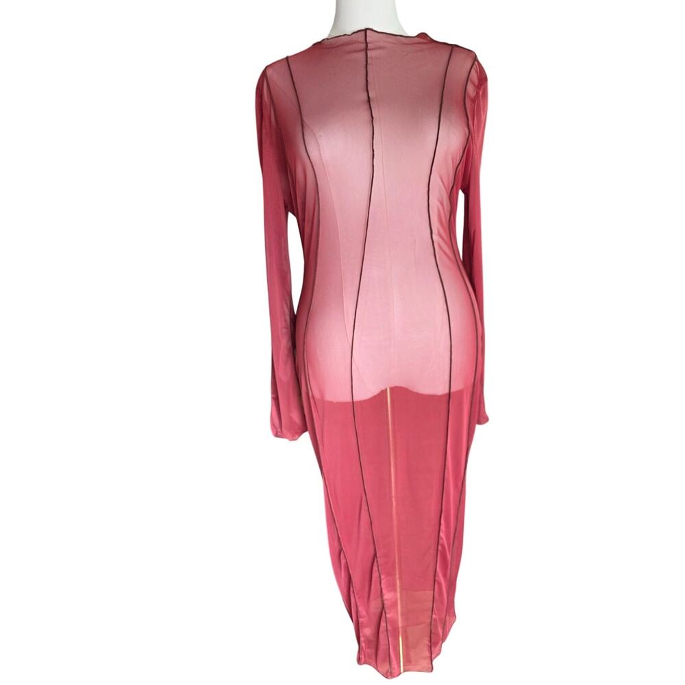 1X Coral Rust Sheer Mesh Maxi Dress Swimsuit Coverup Long Sleeve Exposed Seam